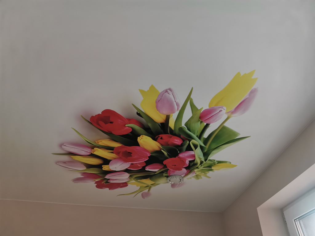 Натяжной потолок с фотопечатью в виде цветов